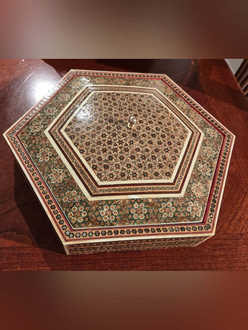 11.5" Mosaic Wood Floral Inlay Jewelry Box Rare 6 Sided Shape